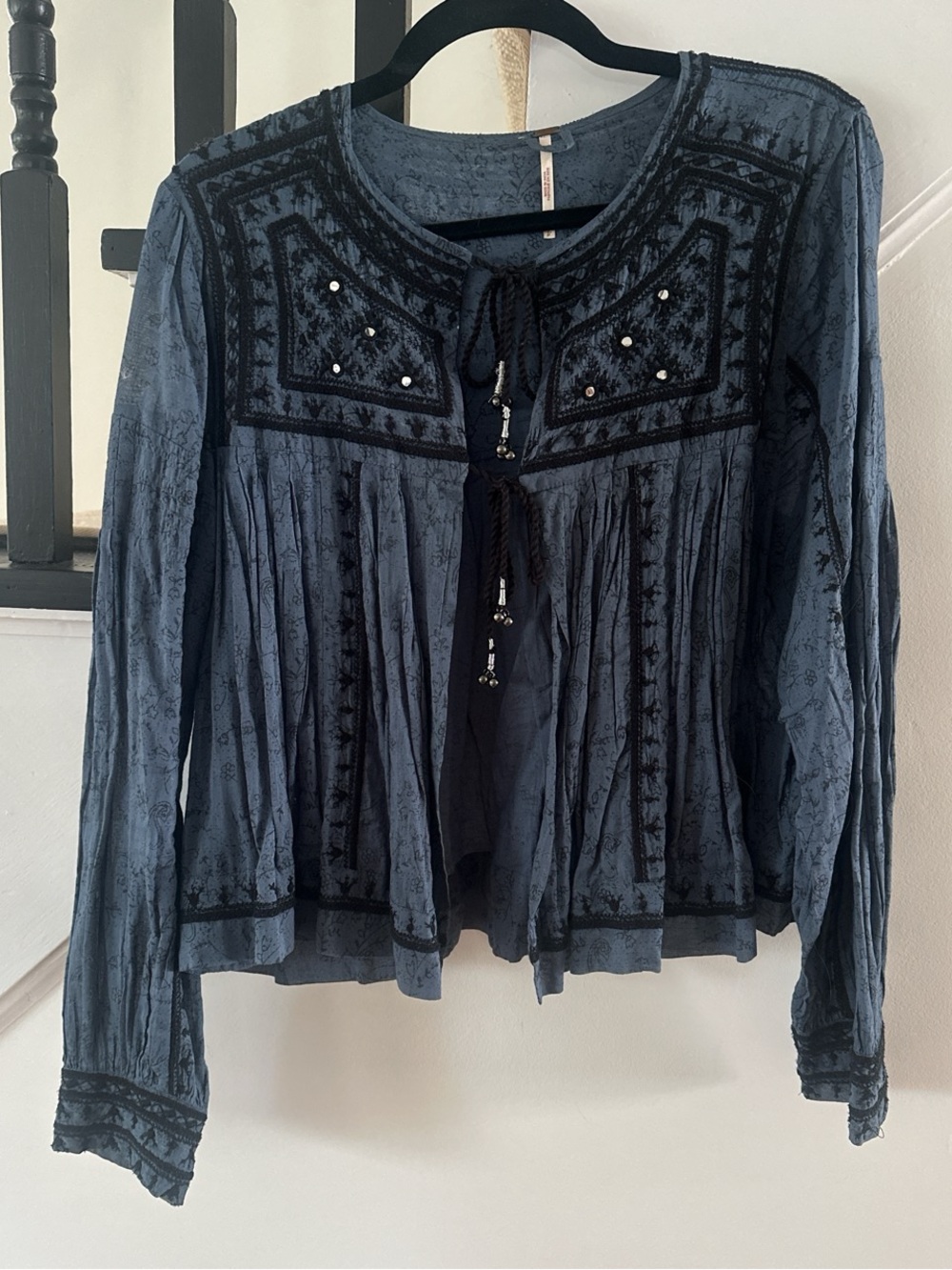 Free People Embroidered Blue Long-Sleeve Peasant Top